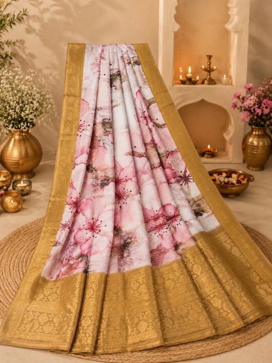 Georgette Digital Crepe Silk Saree with Pink Floral Print & Rich Golden Zari Border