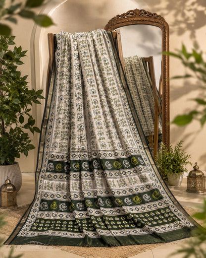 Dark Green Chanderi Cotton Printed Saree with Ethnic Floral & Geometric Border Design