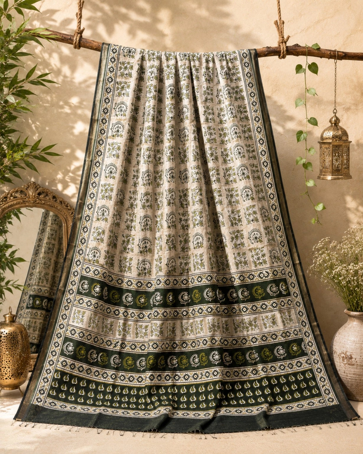 Dark Green Chanderi Cotton Printed Saree with Ethnic Floral & Geometric Border Design