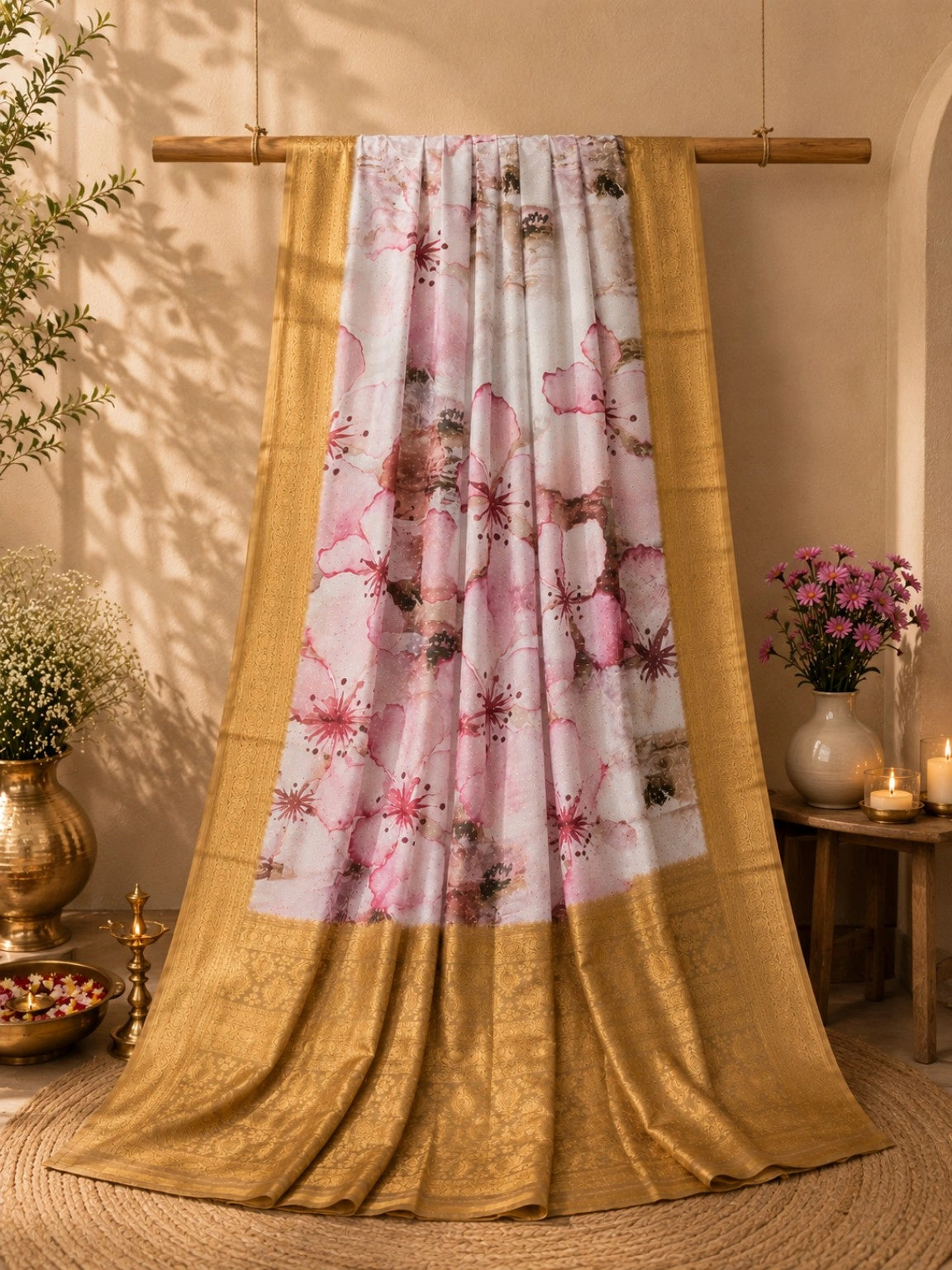 Georgette Digital Crepe Silk Saree with Pink Floral Print & Rich Golden Zari Border