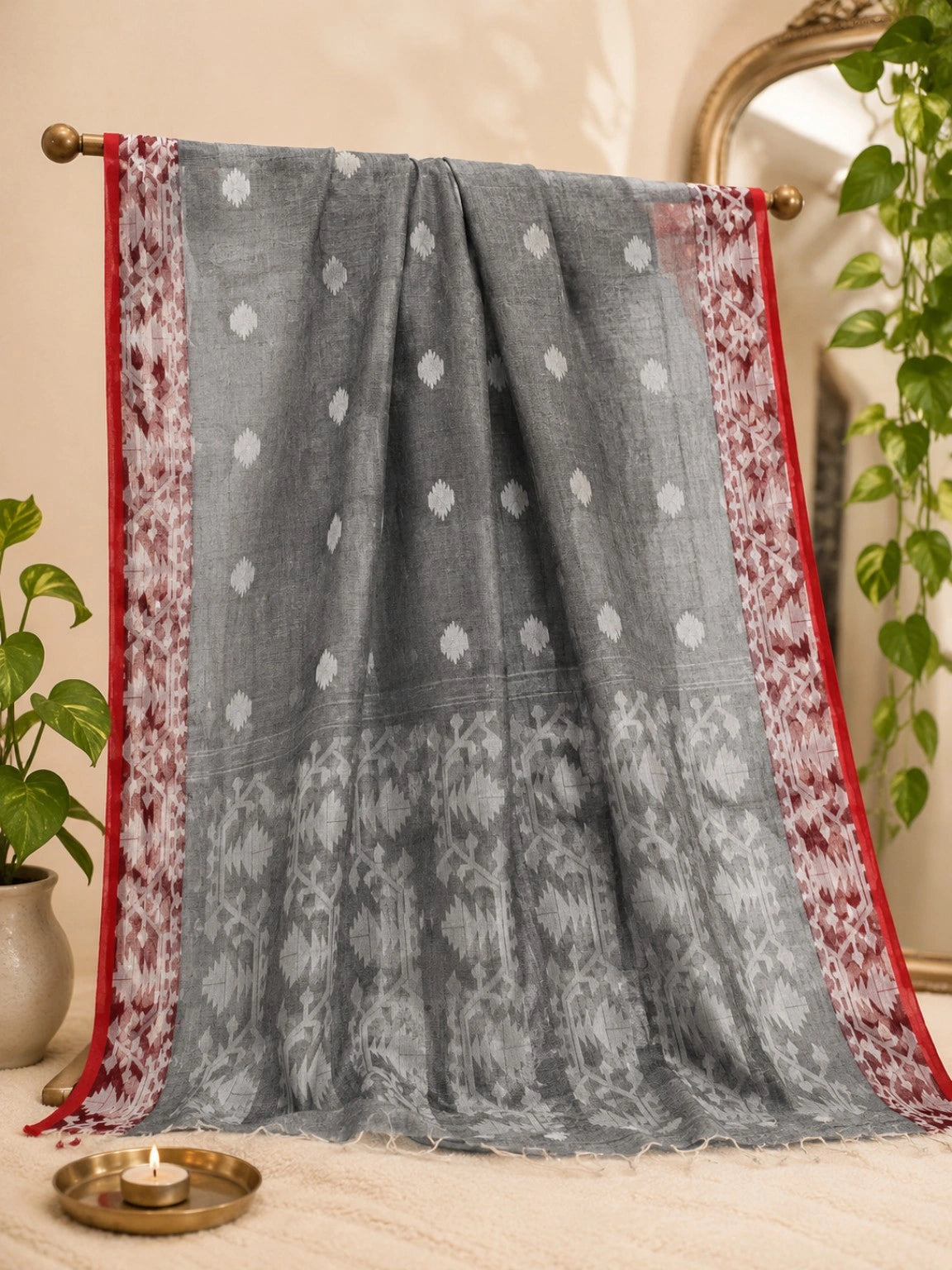 Charcoal Grey Jamdani Style Saree with White Floral Buti and Maroon Geometric Border