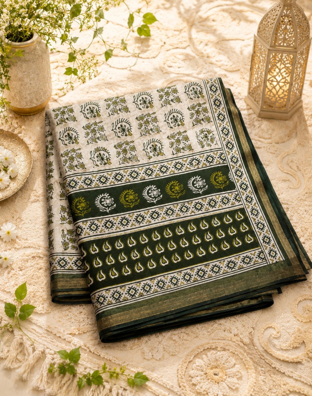 Dark Green Chanderi Cotton Printed Saree with Ethnic Floral & Geometric Border Design