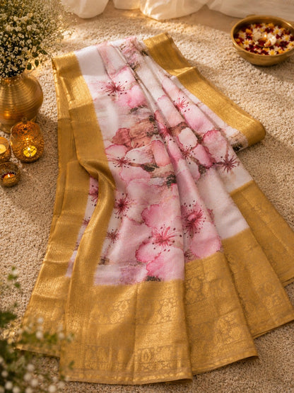 Georgette Digital Crepe Silk Saree with Pink Floral Print & Rich Golden Zari Border