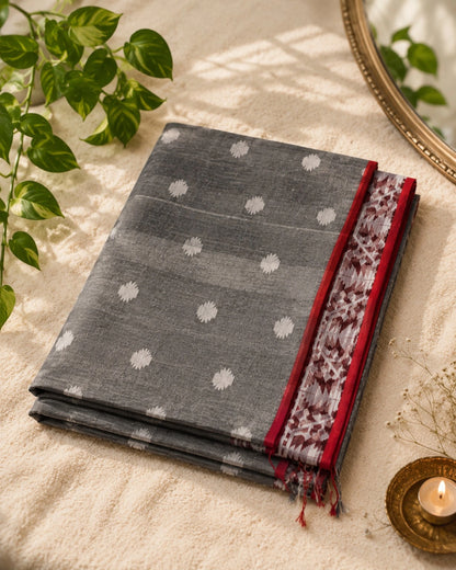 Charcoal Grey Jamdani Style Saree with White Floral Buti and Maroon Geometric Border