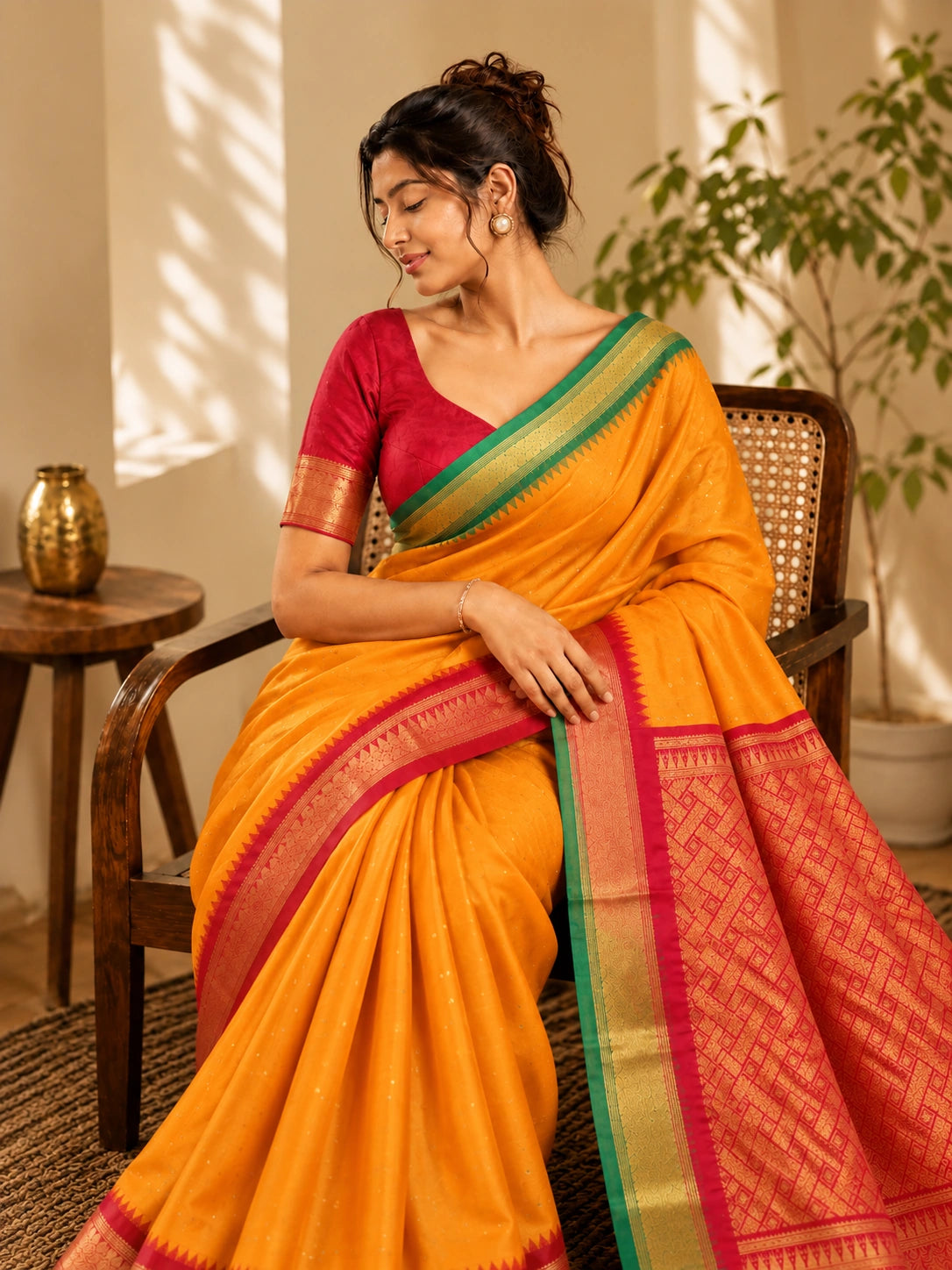 Kadiyal Kanjivaram Ganga Saree in Mustard Yellow with Green and Red Zari Border