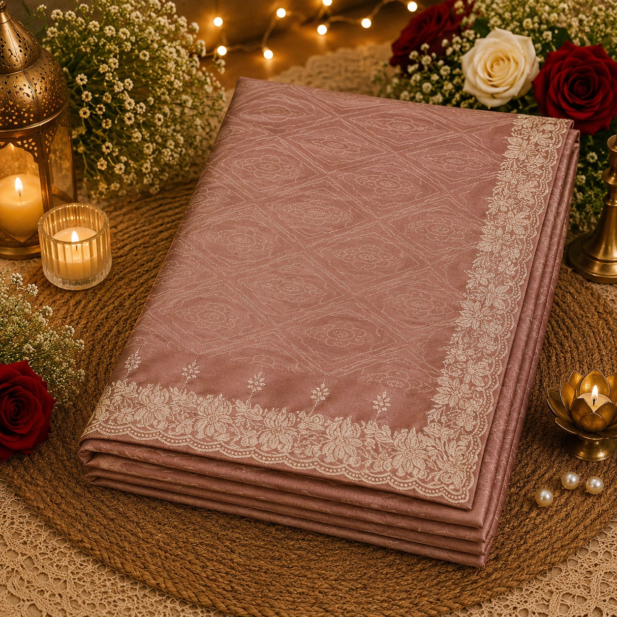 Dusty Mauve Tussar Bandhej Saree with Off-White Floral Woven Border