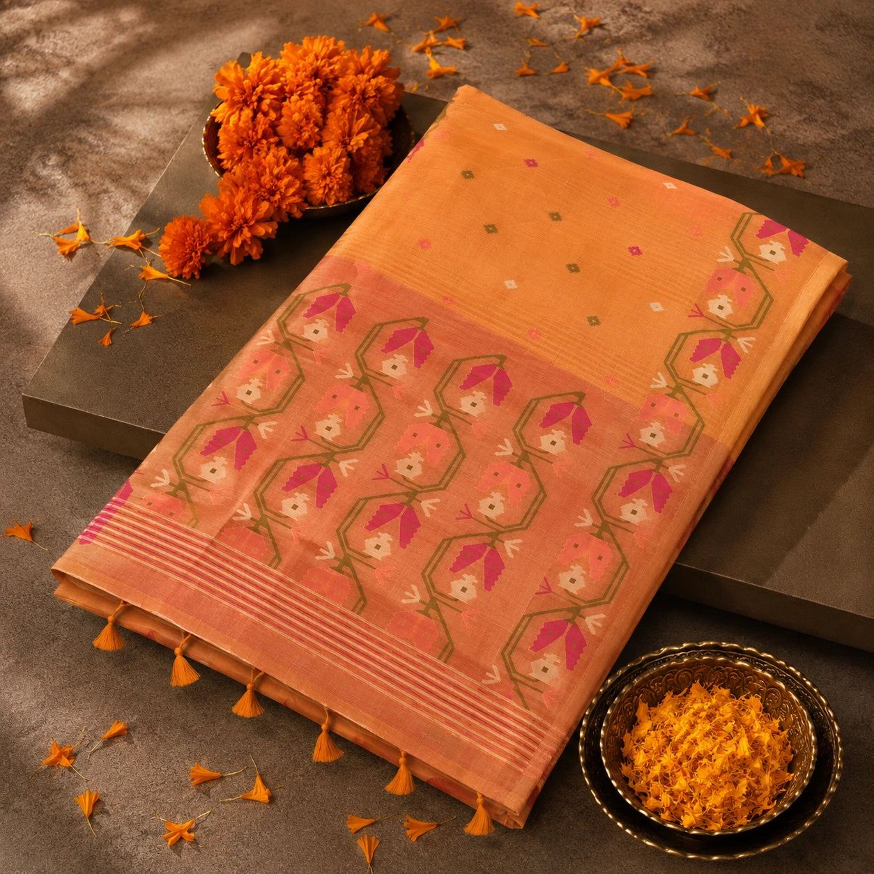 Peach Orange Silk Jamdani Saree with Artistic Floral Vine Border and Woven Buti Design