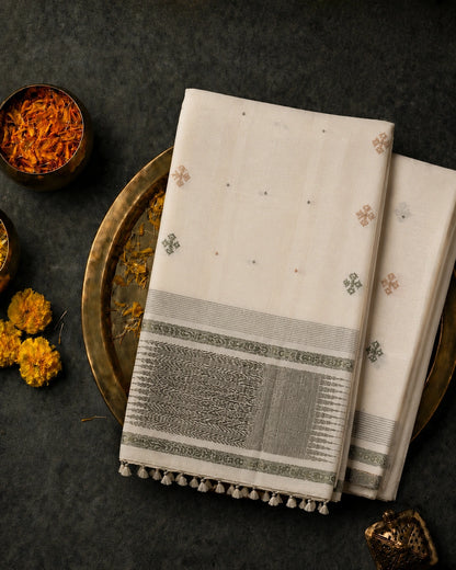 Off White Handloom Jamdani Saree with Green Woven Border & Traditional Buti Motifs