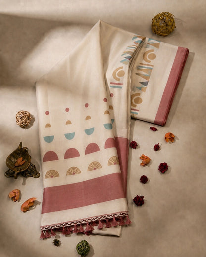Off White Pure Handloom Cotton Saree with Dusty Rose Geometric Border Design