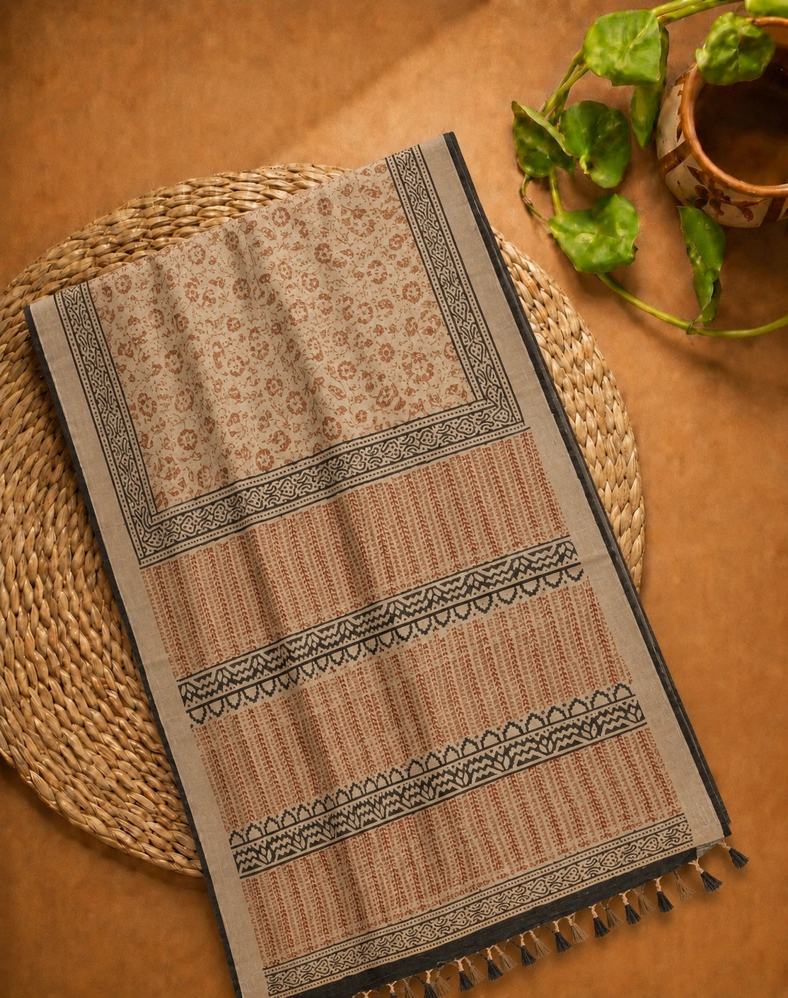 Beige Linen Bagru Print Saree with Traditional Floral Motifs & Tribal Border