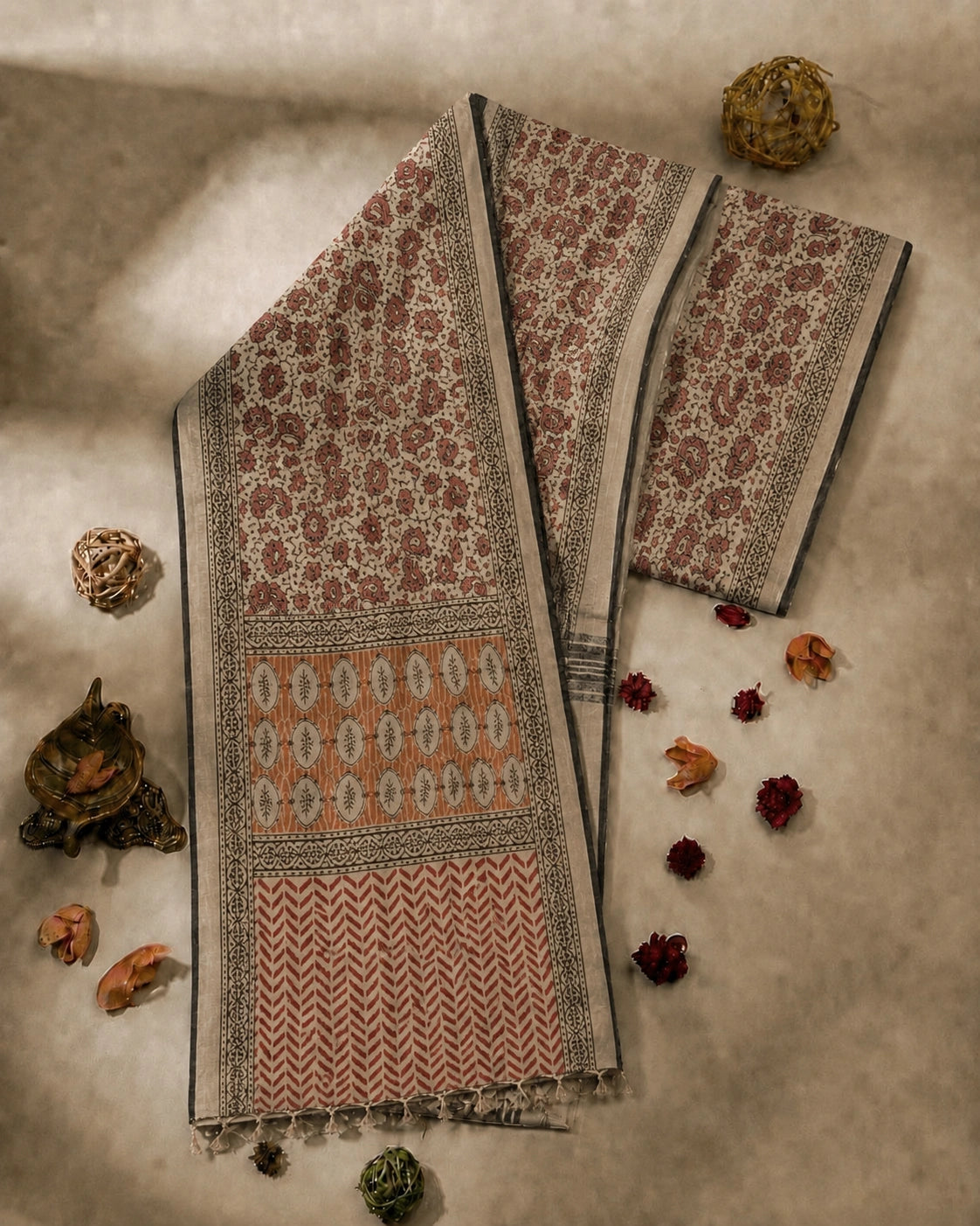 Beige Linen Kalamkari Saree with Floral Buta Print & Rust Artistic Pallu