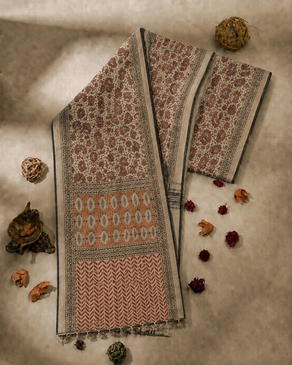 Beige Linen Kalamkari Saree with Floral Buta Print & Rust Artistic Pallu