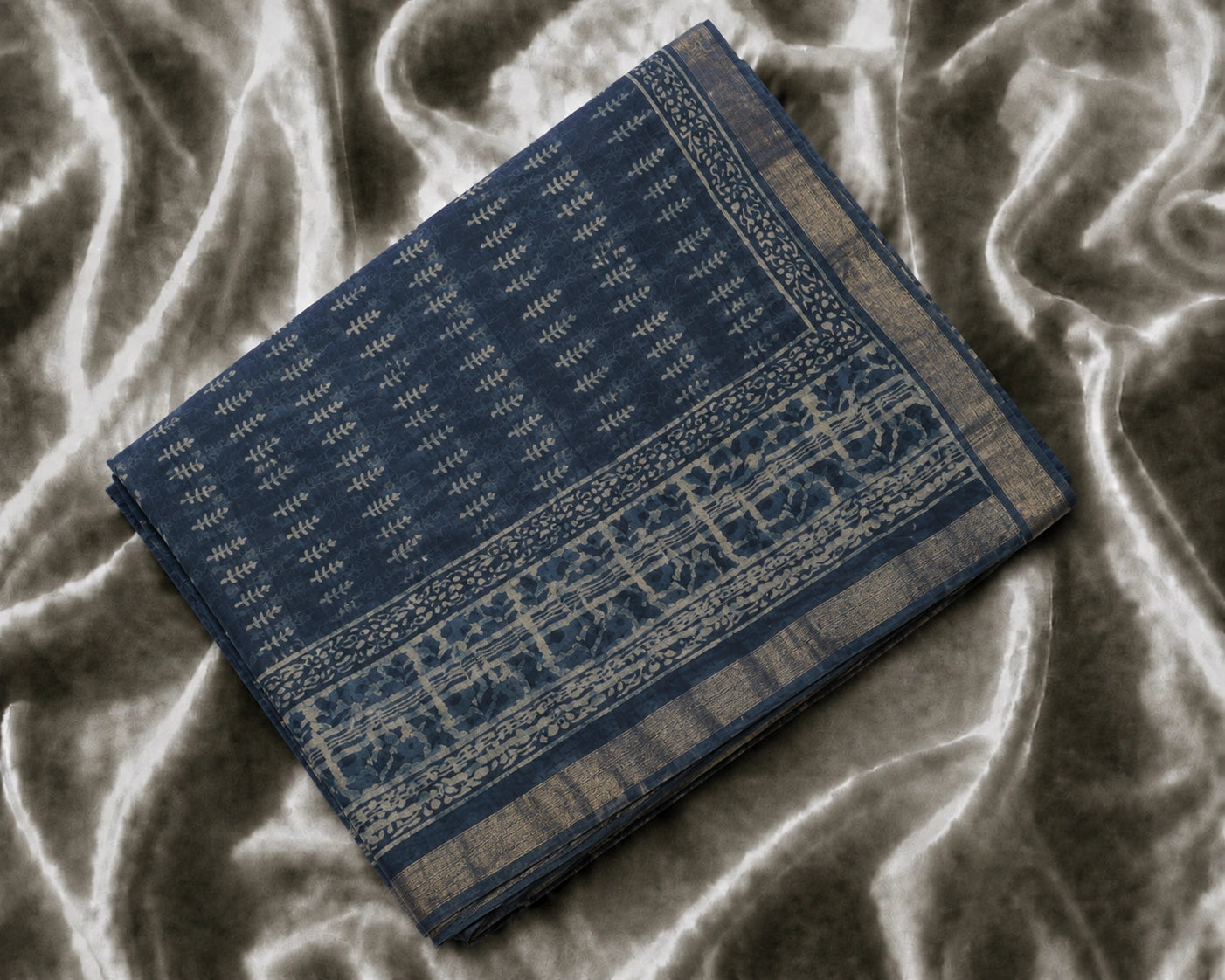 Indigo Blue Linen Saree with Traditional Hand Block Floral Border and Ethnic Print Pallu