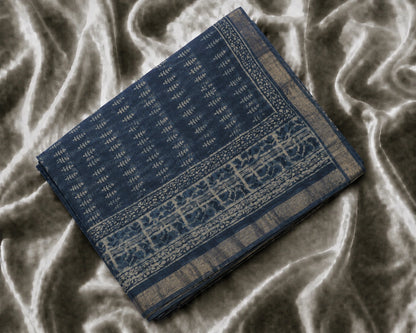Indigo Blue Linen Saree with Traditional Hand Block Floral Border and Ethnic Print Pallu