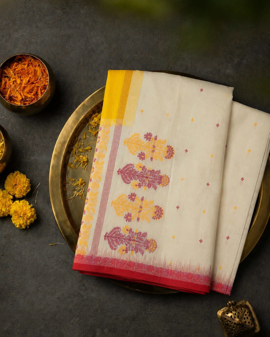 Off-White Cotton Jamdani Ganga Jamuna Border Saree with Pink & Mustard Floral Woven Motifs