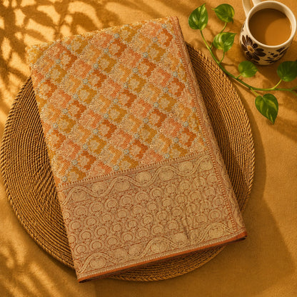 Rust Orange Ghar Chola Bandhej Khaddi Saree with Traditional Woven Border