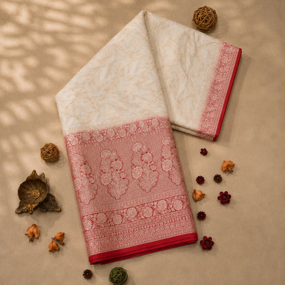 Ivory White Pure Mashru Silk Banarasi Saree with Red Woven Floral Border