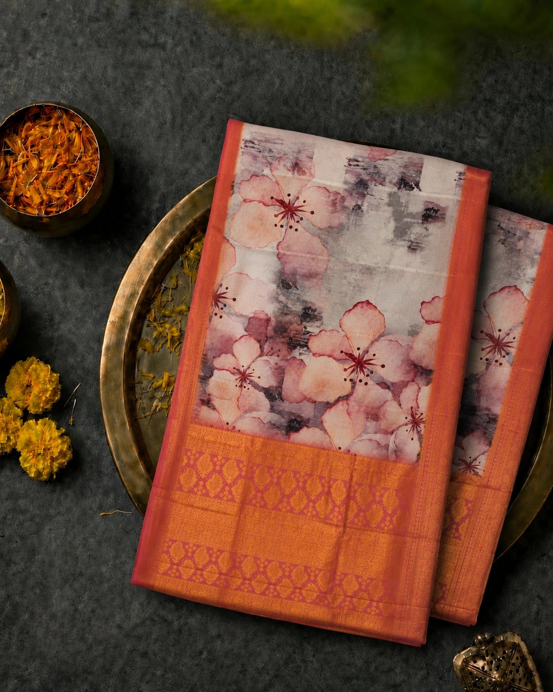 Peach Floral Digital Print Georgette Crepe Silk Saree with Coral Zari Border