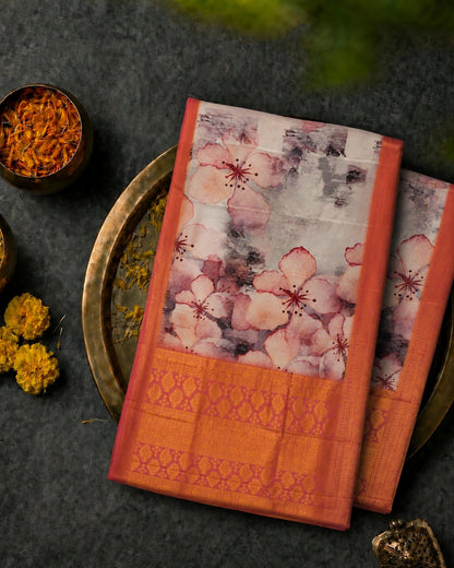 Peach Floral Digital Print Georgette Crepe Silk Saree with Coral Zari Border