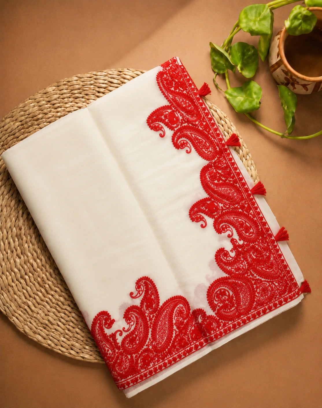White Soft Georgette Saree with Red Paisley Embroidered Border & Tassel Detailing