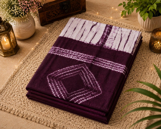 Deep Plum & Ivory Mul Cotton Shibori Tie-Dye Saree with Diamond Motif Pallu