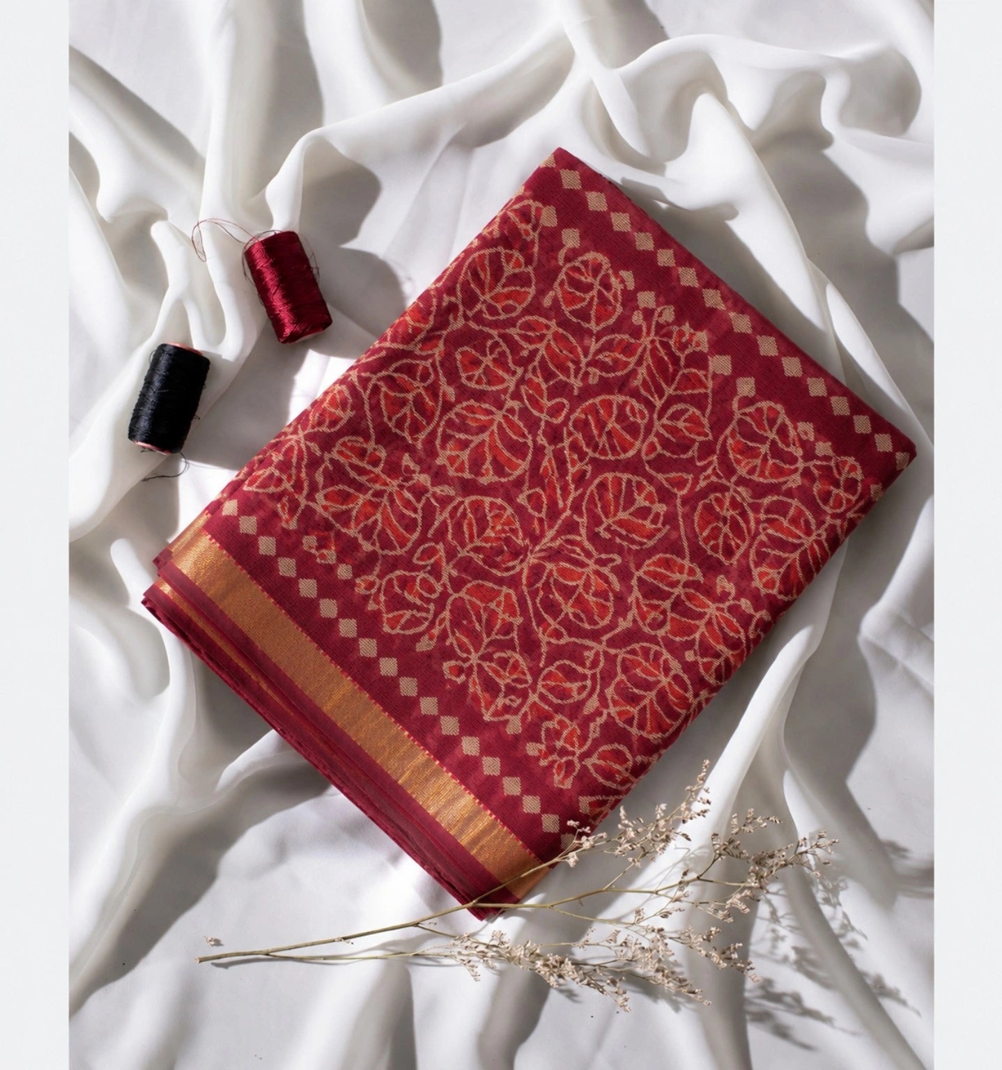 Maroon Kota Doria Hand Block Print Saree with Beige Leaf Vine Motifs & Golden Border
