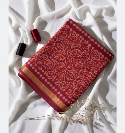 Maroon Kota Doria Hand Block Print Saree with Beige Leaf Vine Motifs & Golden Border