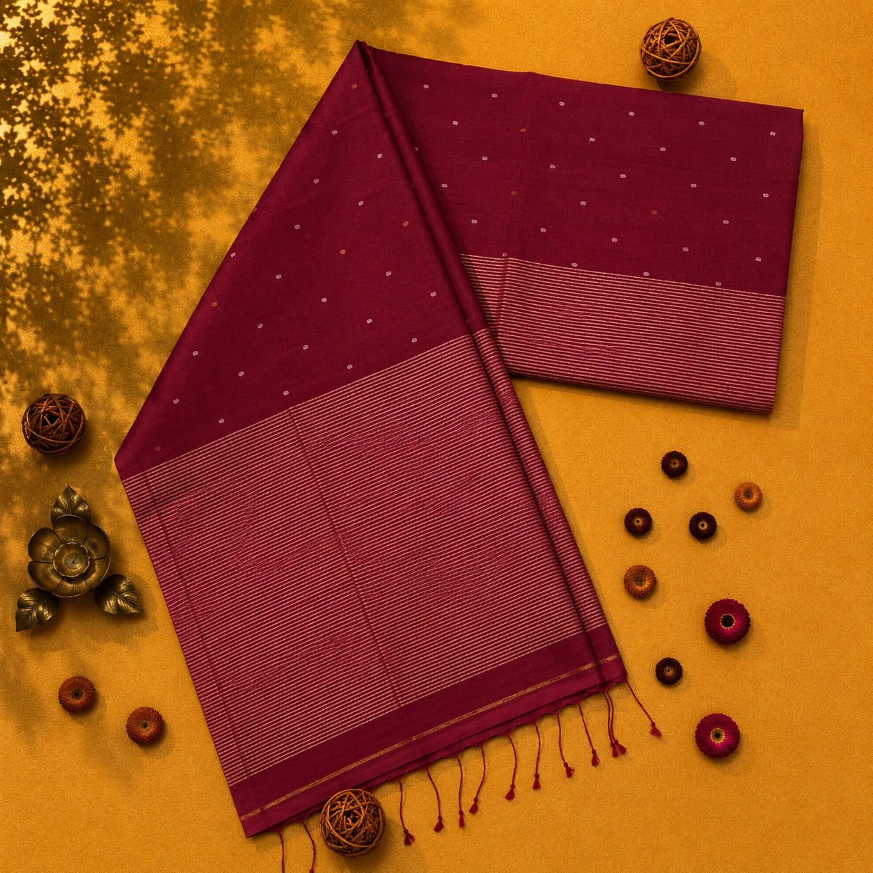 Deep Maroon Handloom Pure Cotton Jamdani Saree with Buti Weaving and Striped Woven Pallu
