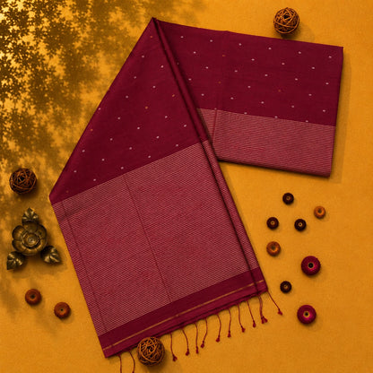 Deep Maroon Handloom Pure Cotton Jamdani Saree with Buti Weaving and Striped Woven Pallu