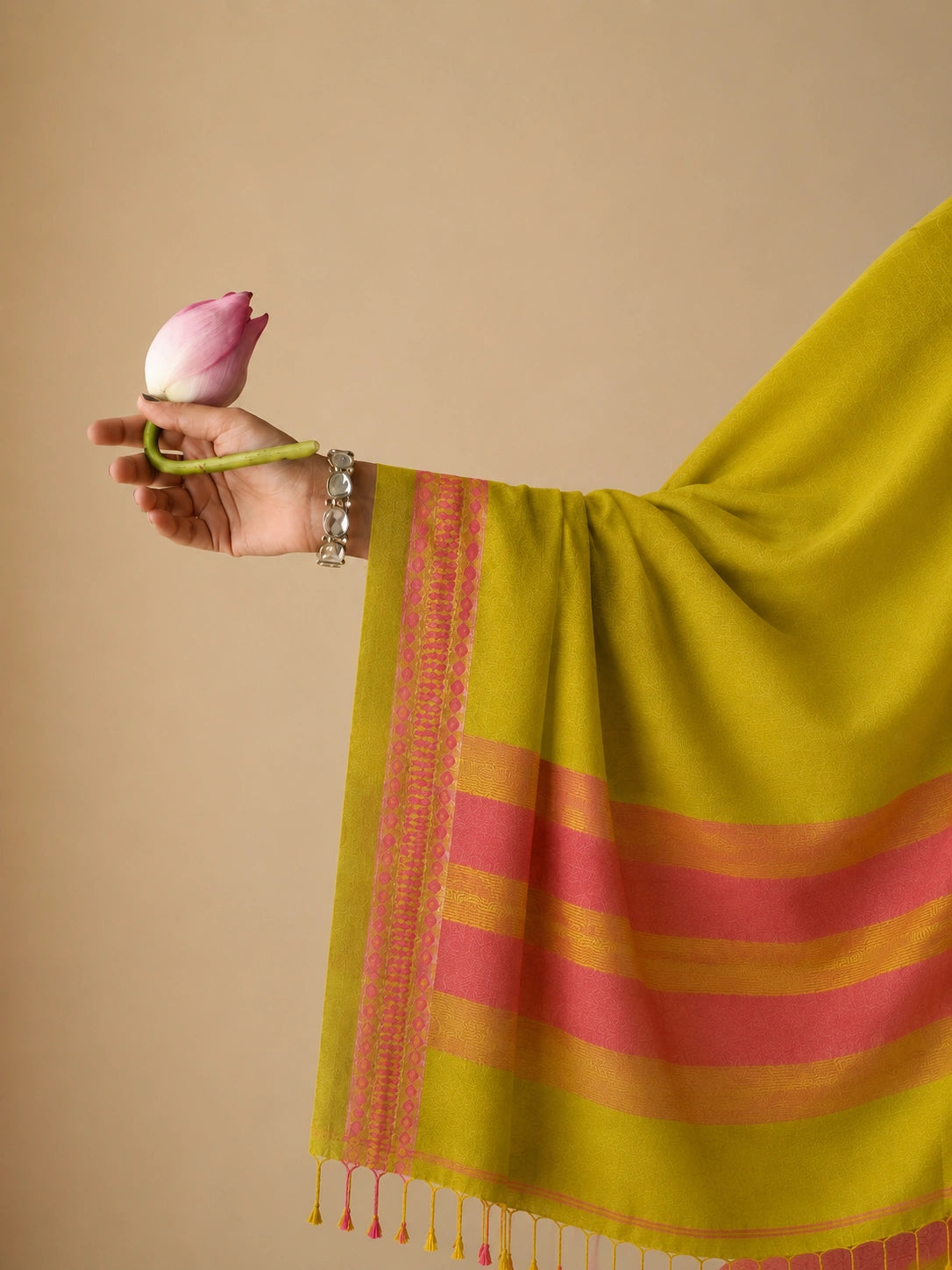 Pure Cotton Handloom Saree in Lime Yellow with Pink Woven Border