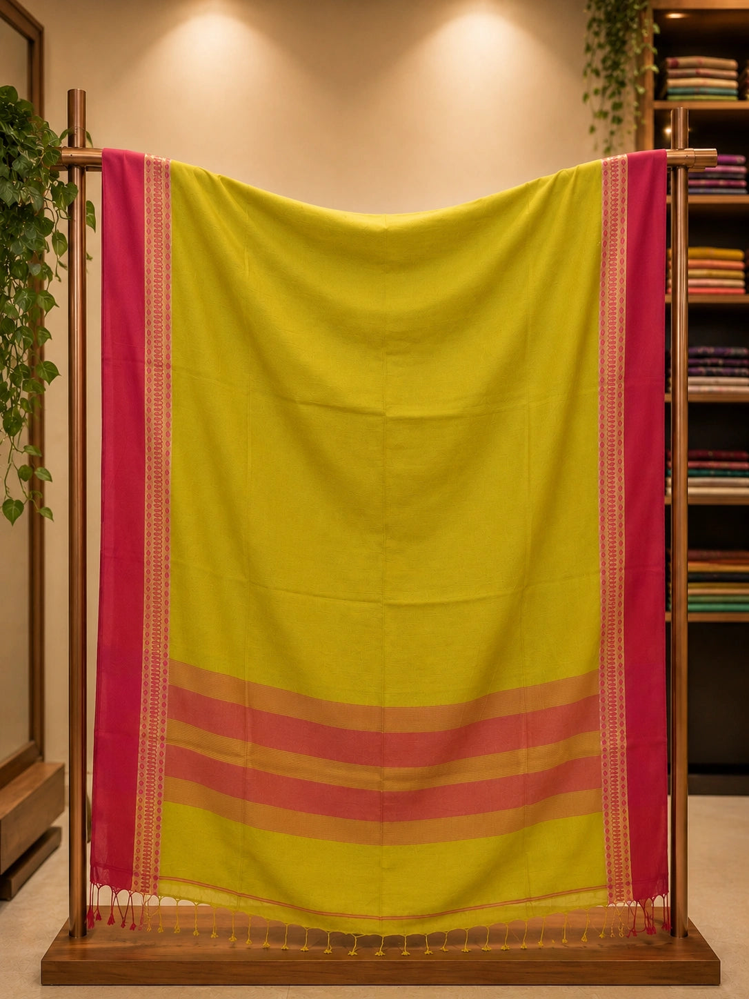 Pure Cotton Handloom Saree in Lime Yellow with Pink Woven Border