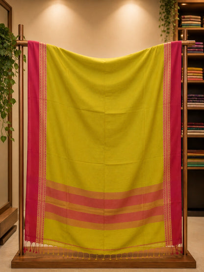 Pure Cotton Handloom Saree in Lime Yellow with Pink Woven Border