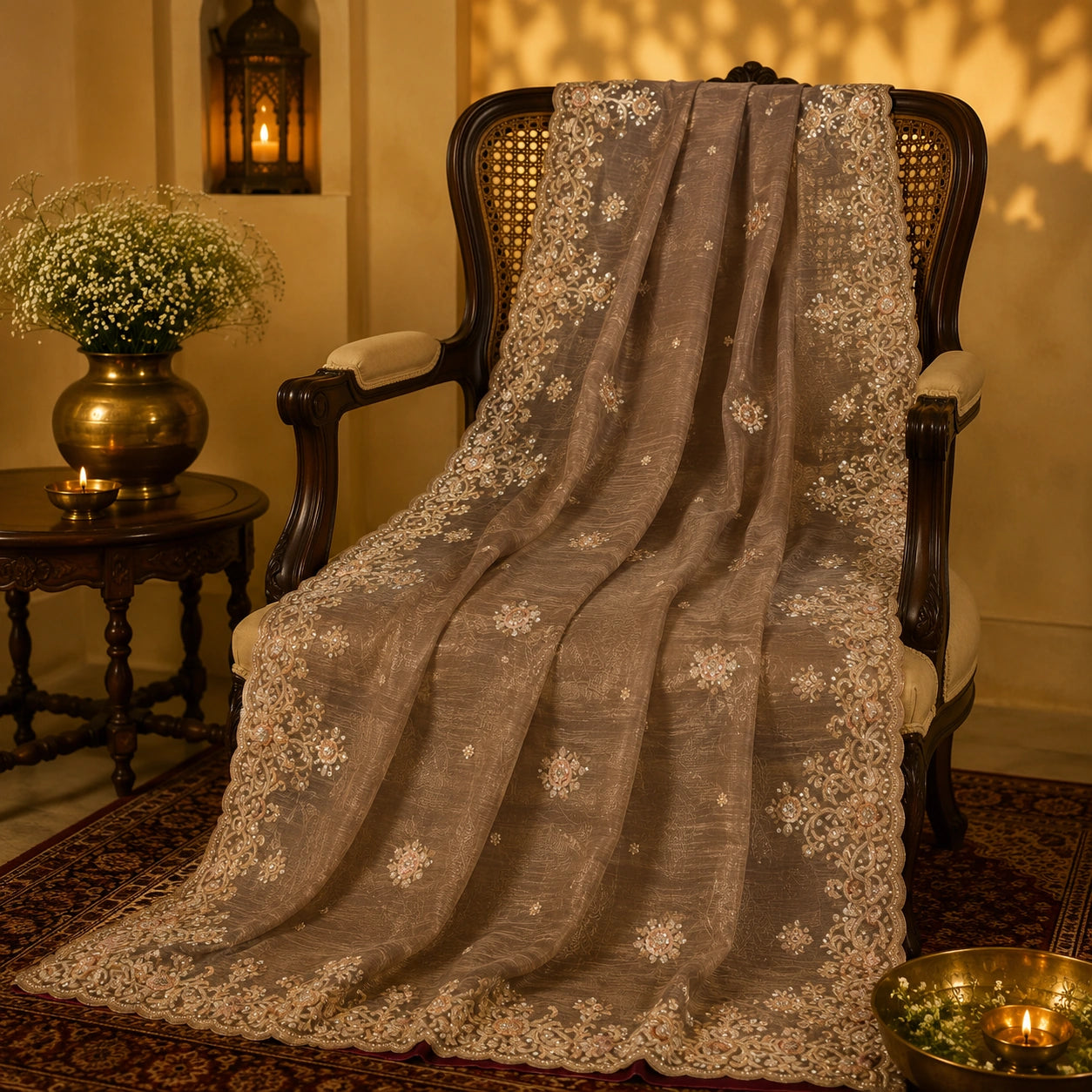 Taupe Pure Crush Tissue Saree with Sequin Floral Embroidered Border for Wedding & Festive Wear