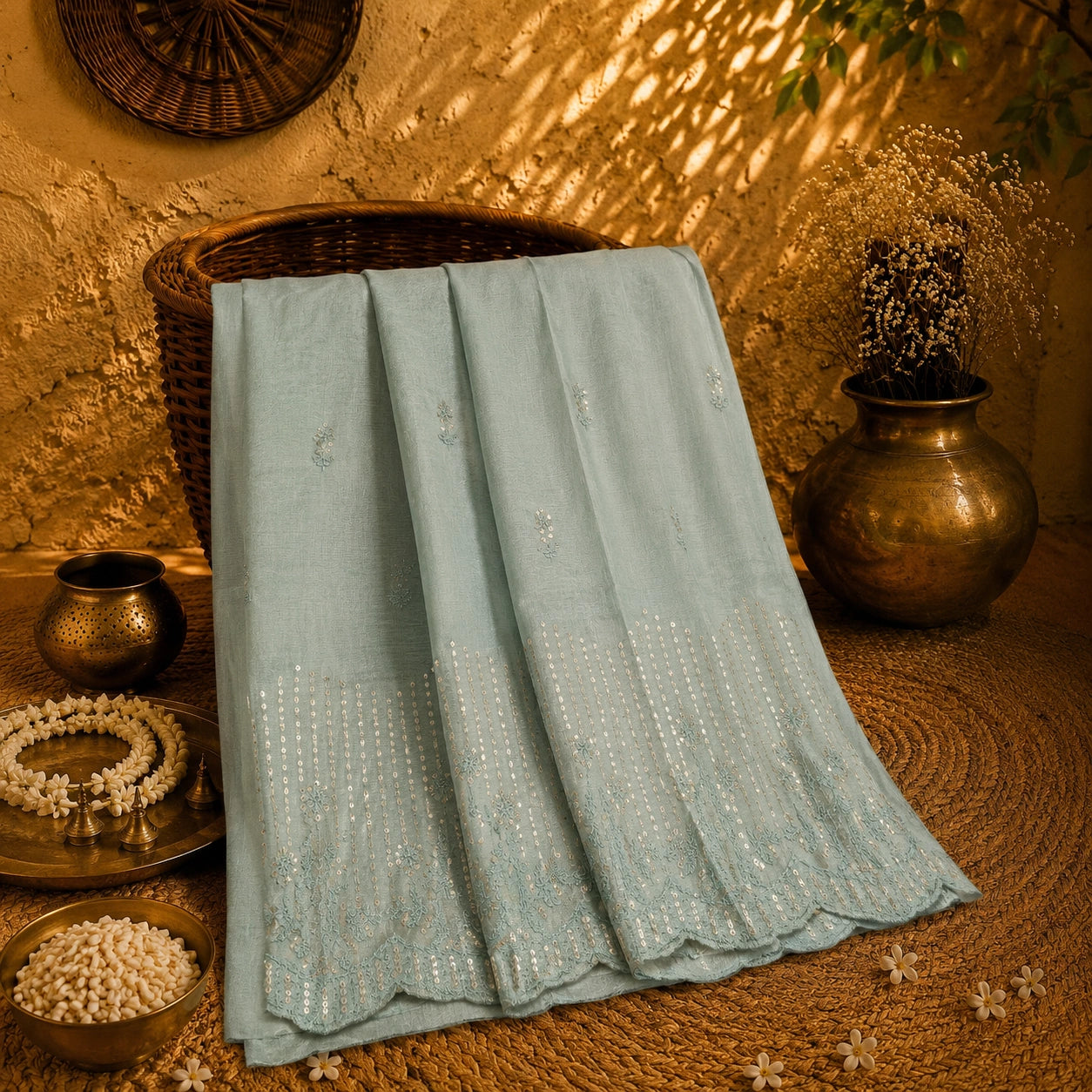 Powder Blue Chanderi Sequence Saree with Floral Buti Work and Embroidered Border