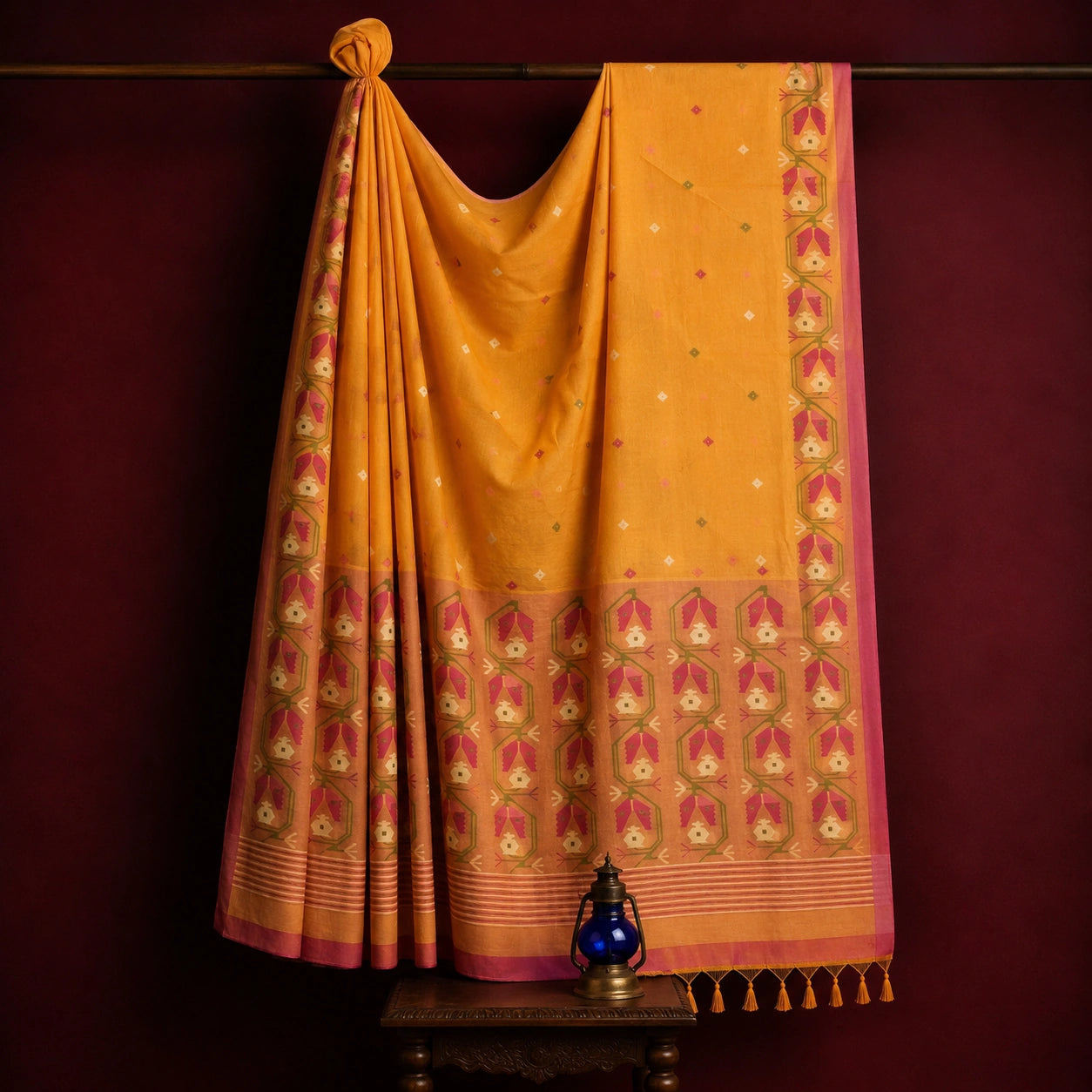 Peach Orange Silk Jamdani Saree with Artistic Floral Vine Border and Woven Buti Design