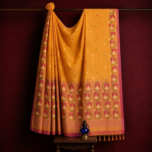 Peach Orange Silk Jamdani Saree with Artistic Floral Vine Border and Woven Buti Design