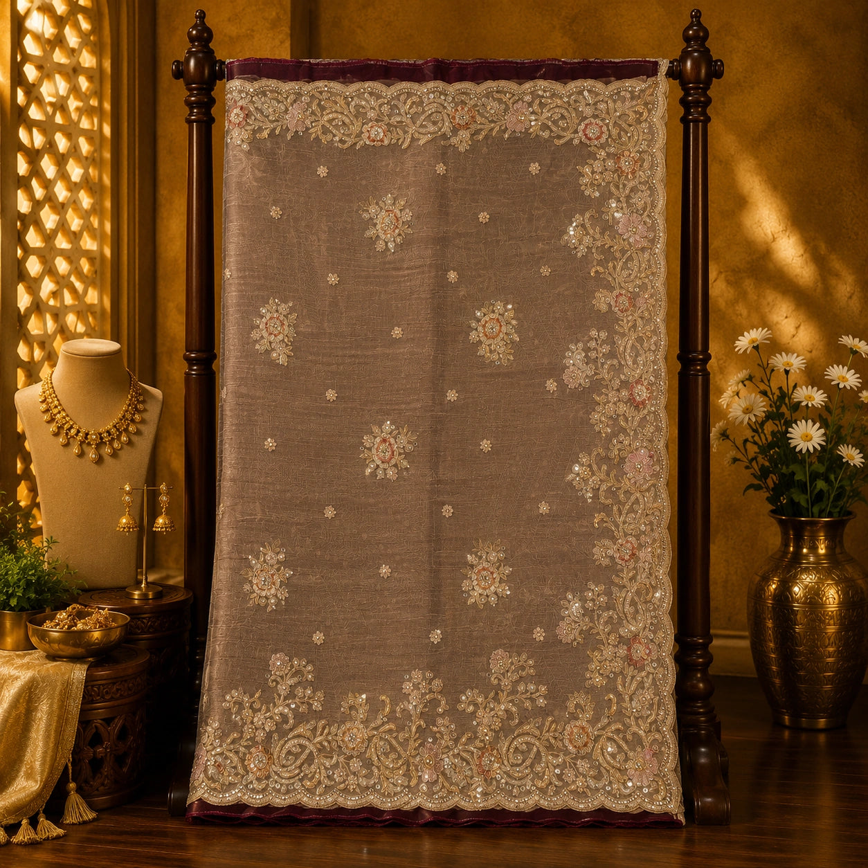 Taupe Pure Crush Tissue Saree with Sequin Floral Embroidered Border for Wedding & Festive Wear