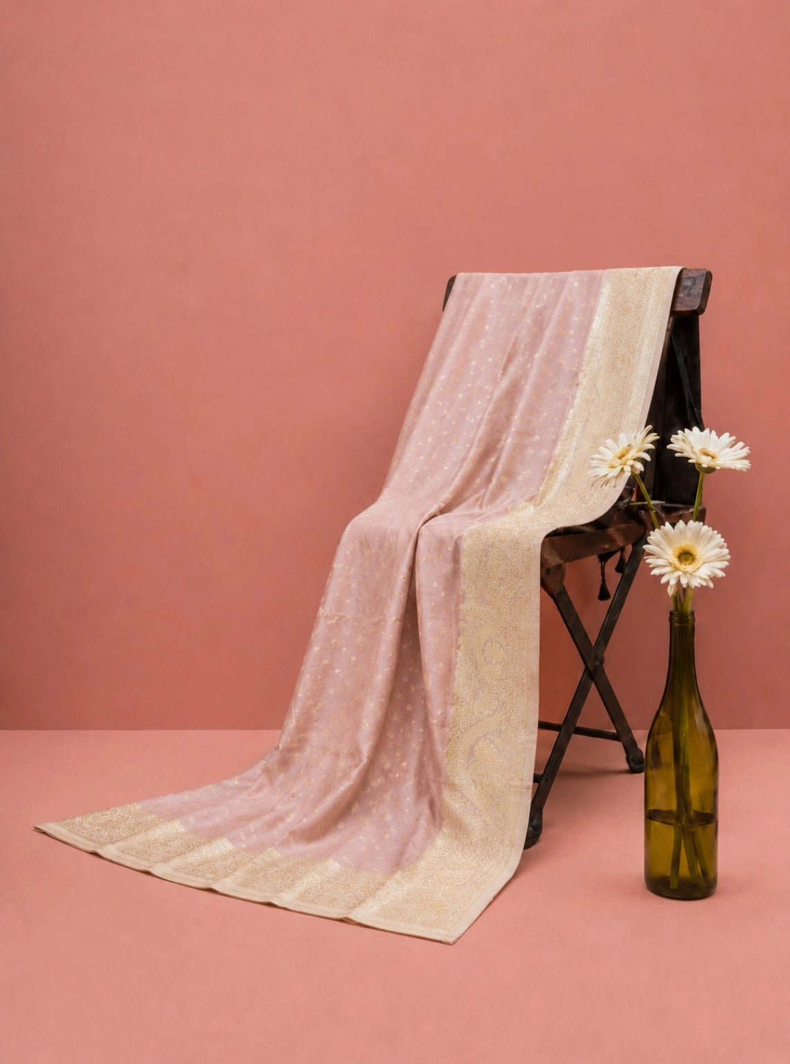 Pure Chandari Khadi Benarasi Saree in Blush Pink with Gold Woven Border & Buti Design