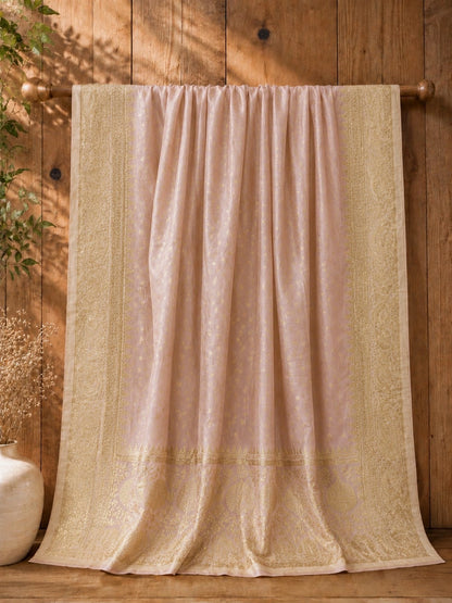 Pure Chandari Khadi Benarasi Saree in Blush Pink with Gold Woven Border & Buti Design
