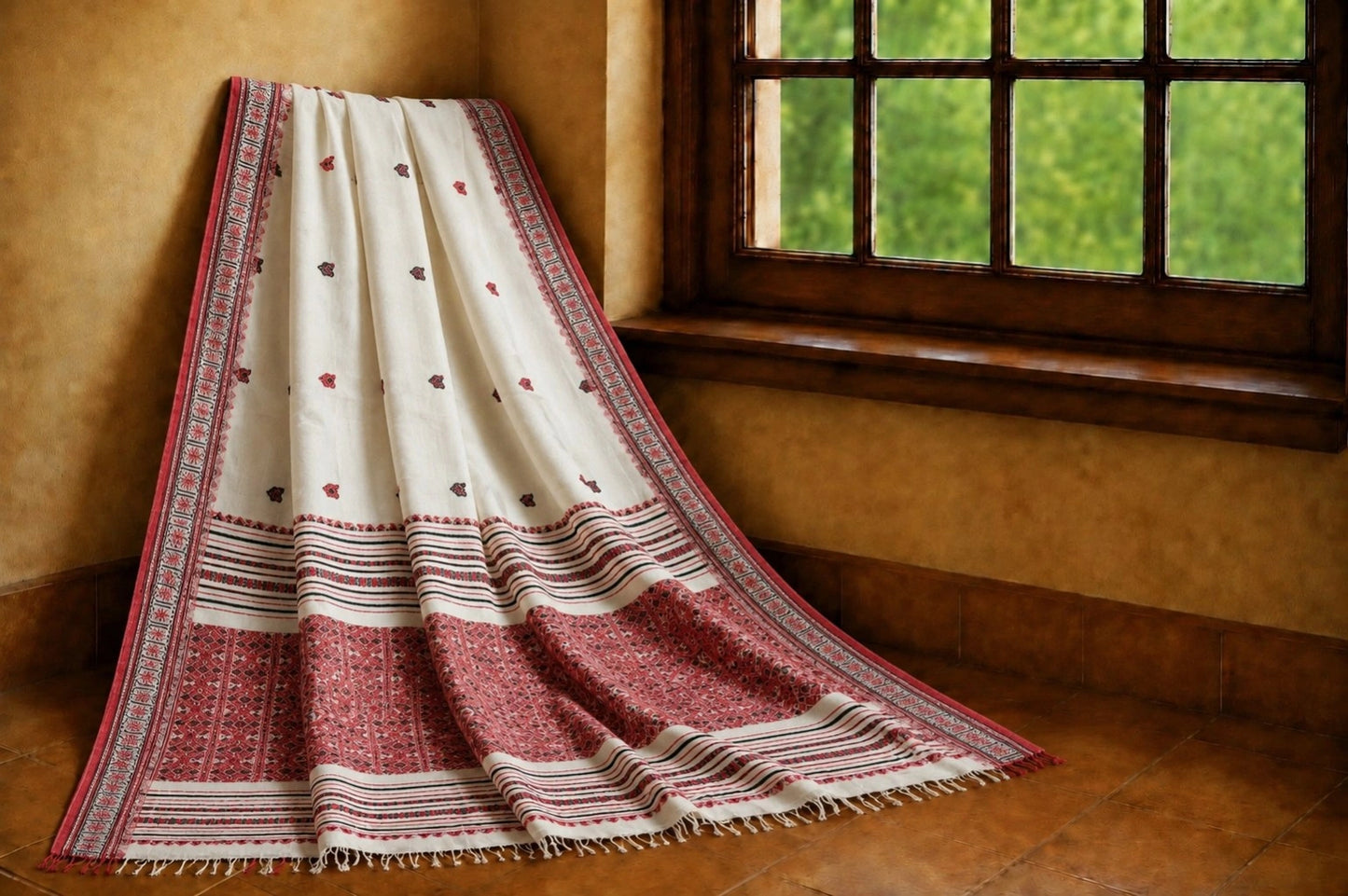 Pure Cotton Weaving Saree in Off White & Maroon Traditional Border Design