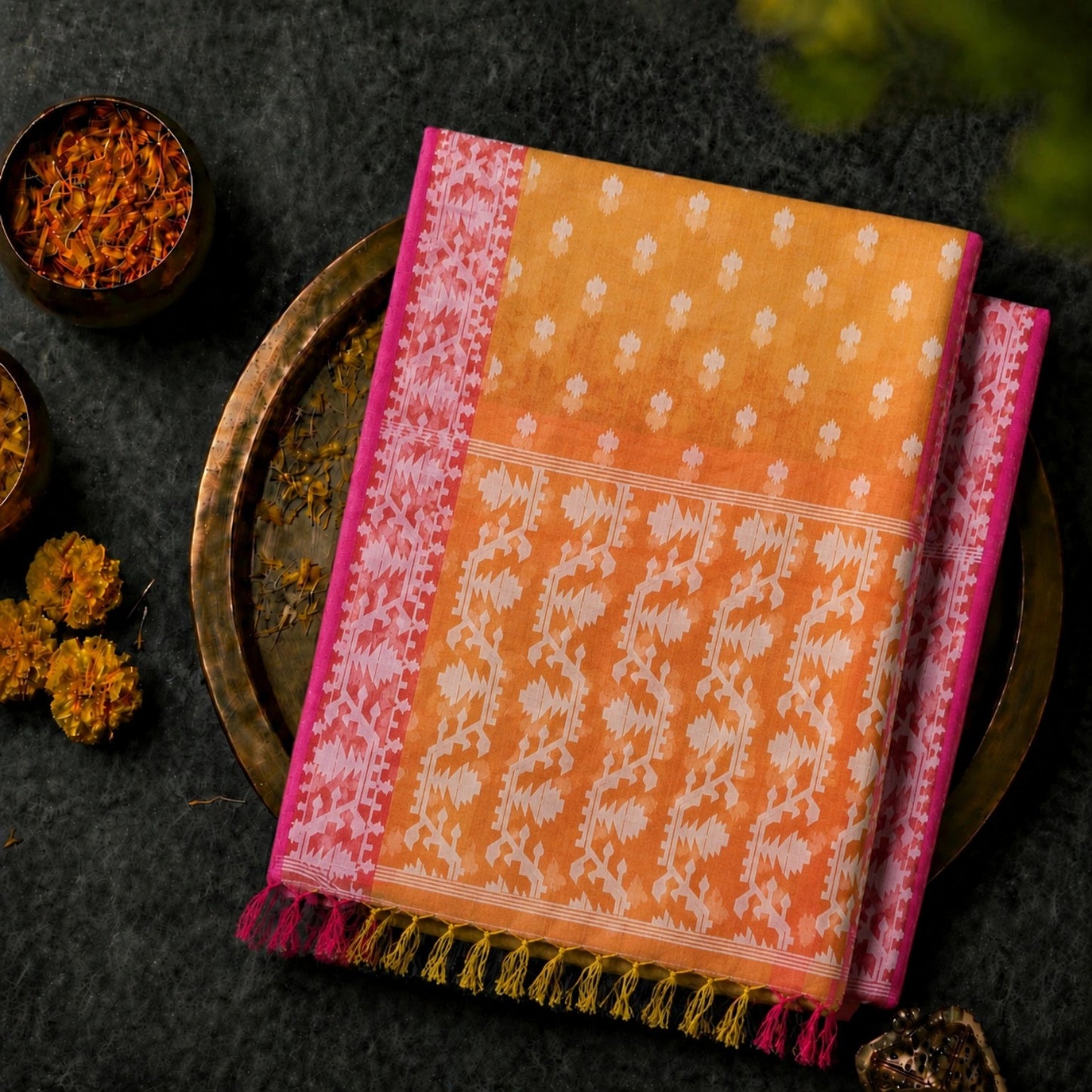 Mustard Orange Muslin Jamdani Saree with White Geometric Woven Motifs & Pink Border