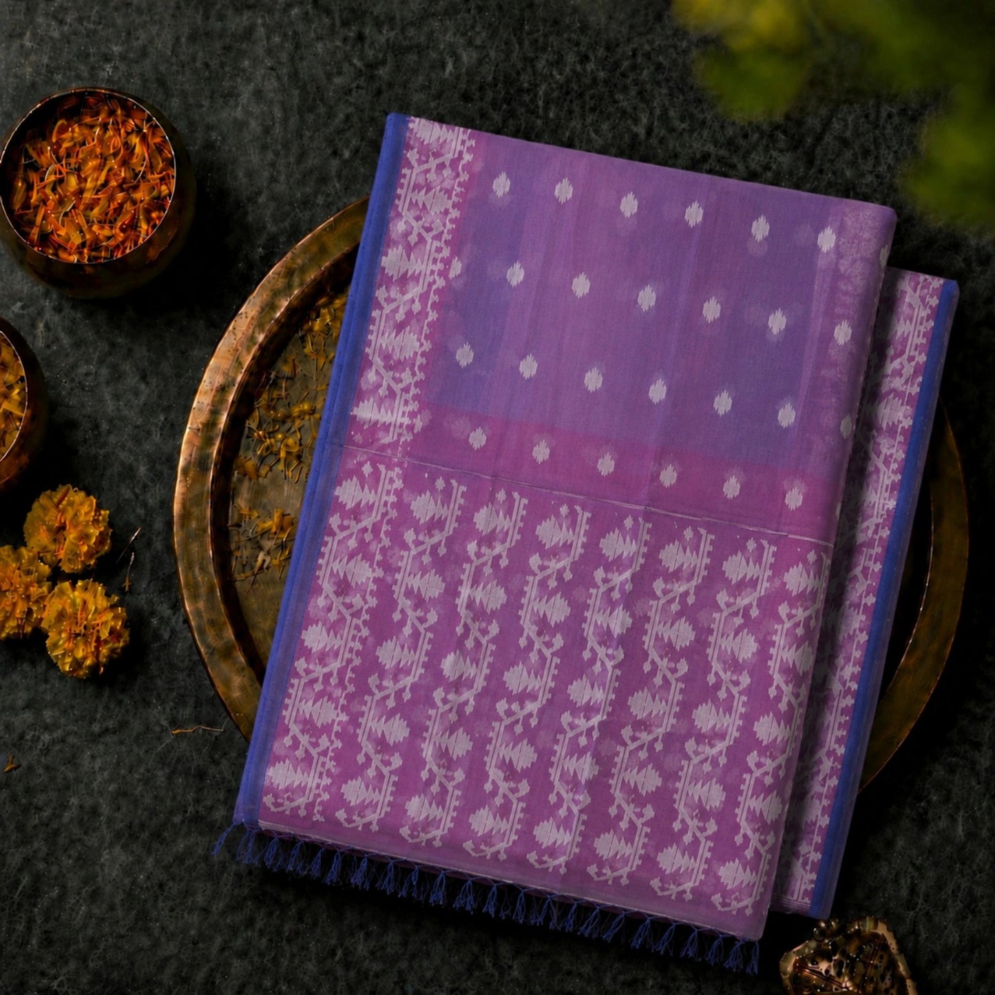 Purple Muslin Jamdani Saree with White Floral Buti & Traditional Geometric Pallu