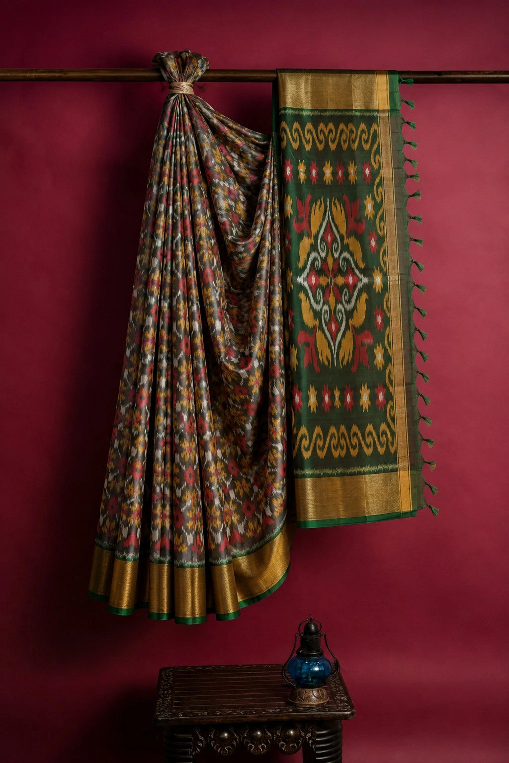 Pure Sico Pochampally Saree in Forest Green with Floral Print & Traditional Pallu Design