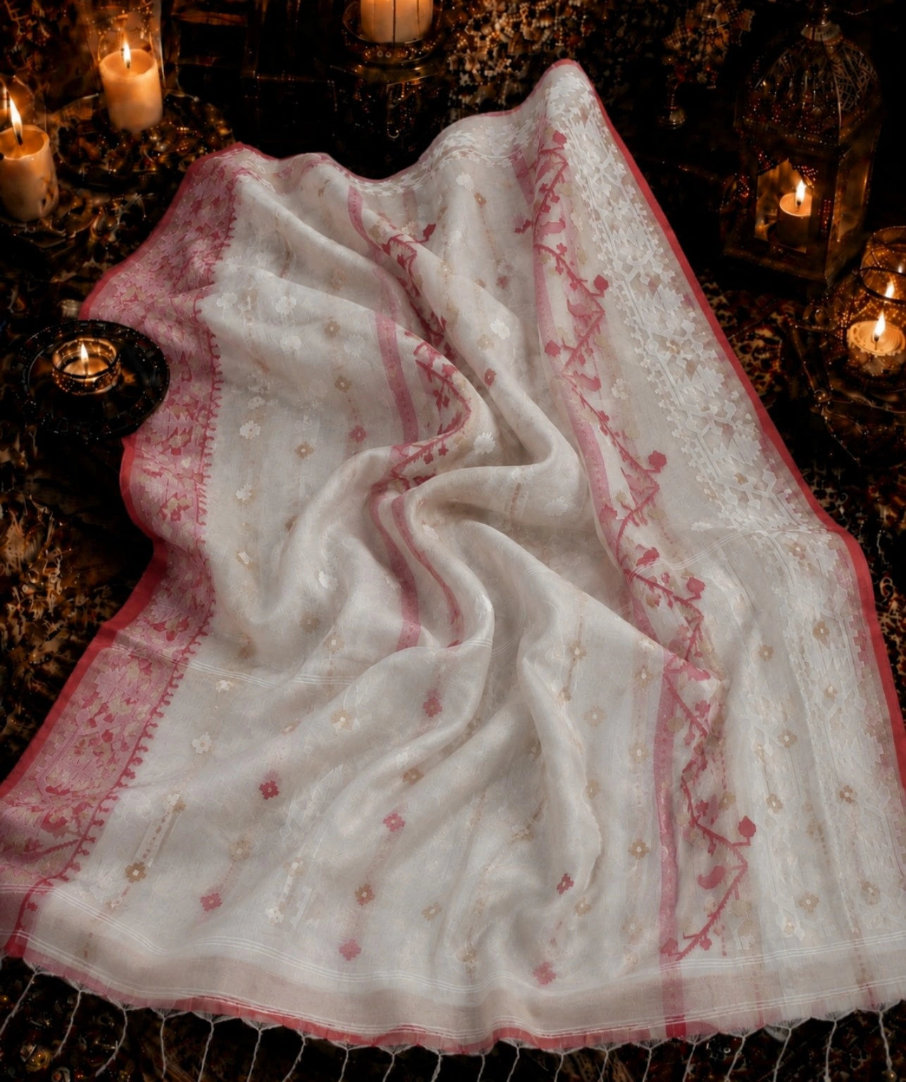 White & Pink Muslin Jamdani Saree with Traditional Woven Floral Border