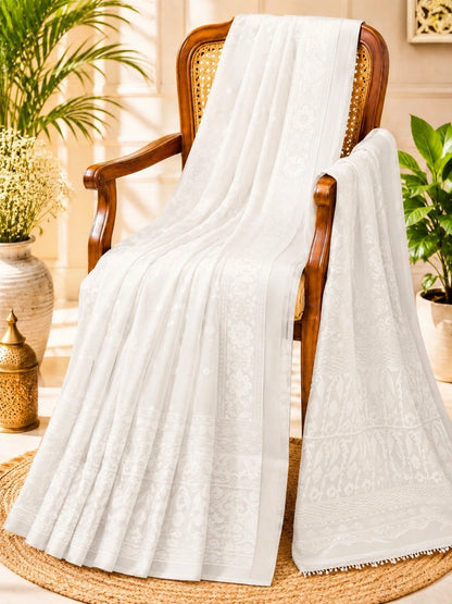 Pure Cotton Handwoven White Jamdani Saree with Traditional Floral Buti and Elegant Woven Border