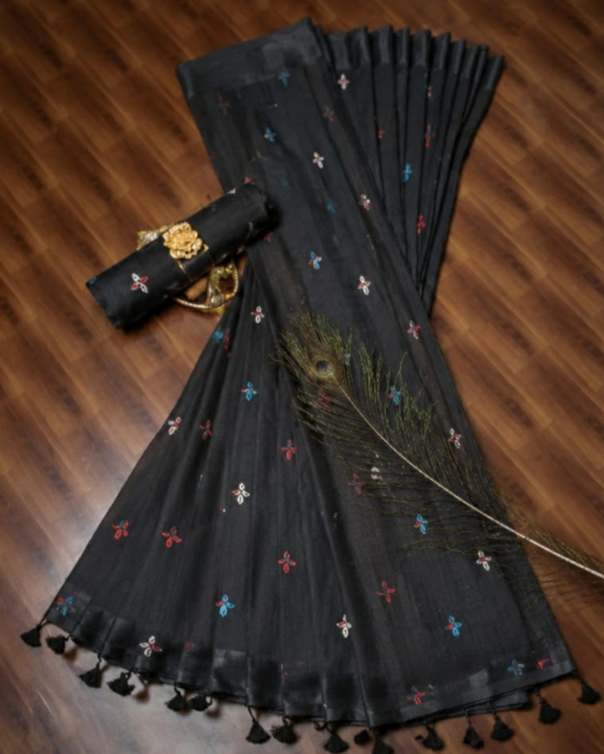 Black Mul Cotton Embroidery Saree with Multicolor Floral Buti & Tassel Pallu