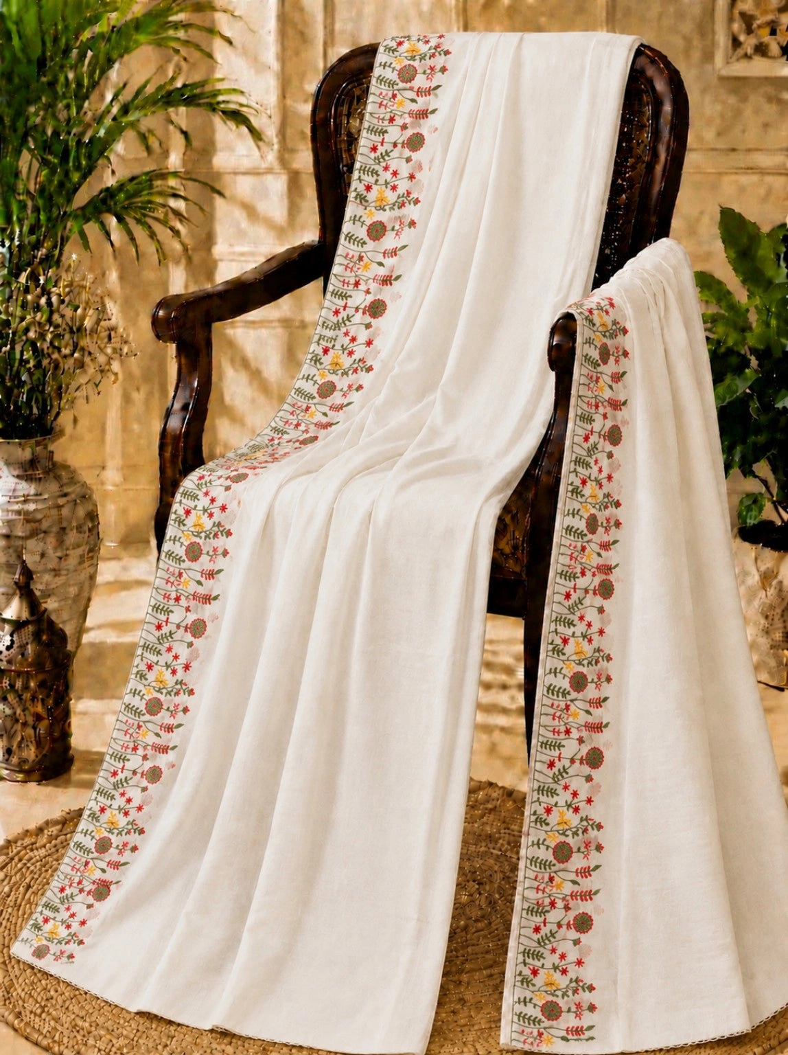 White Cotton Hand Work Saree with Multicolor Floral Embroidered Border