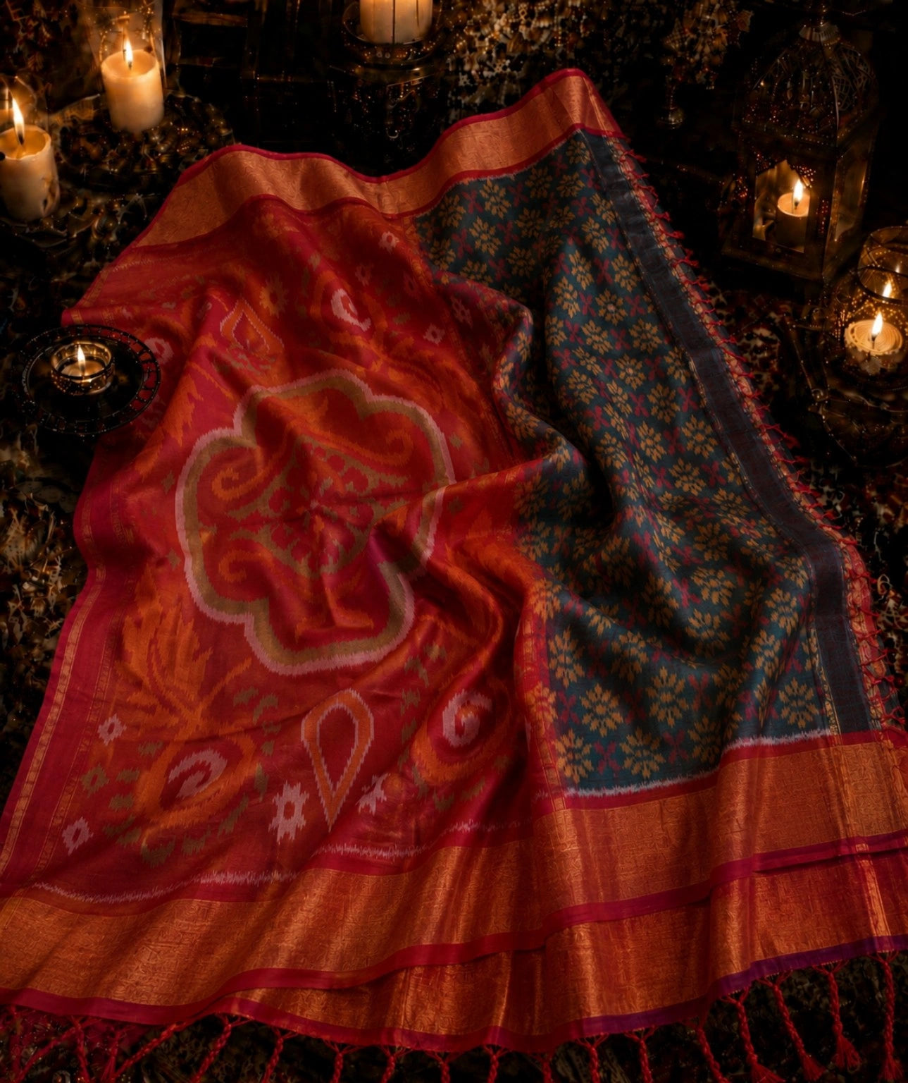 Red & Navy Blue Sico Pochampally Saree with Ikat Floral Pallu and Zari Border