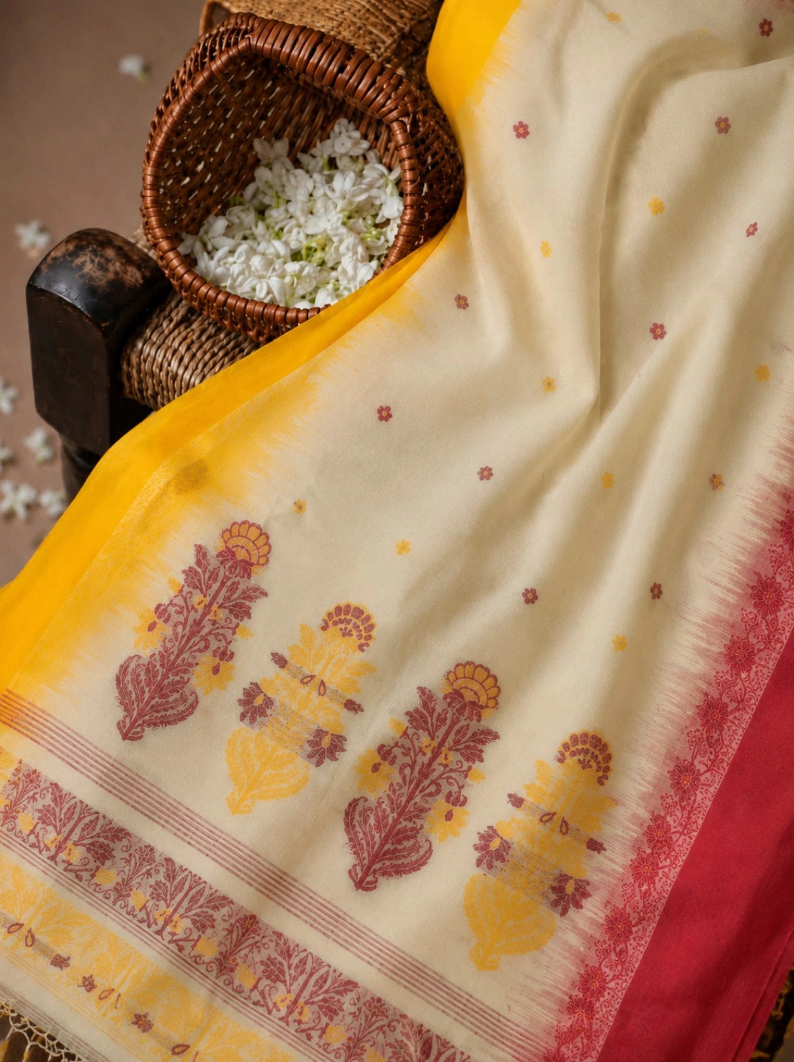 Cotton Jamdani Ganga Jamuna Border Saree in Off-White & Mustard Yellow with Floral Woven Motifs