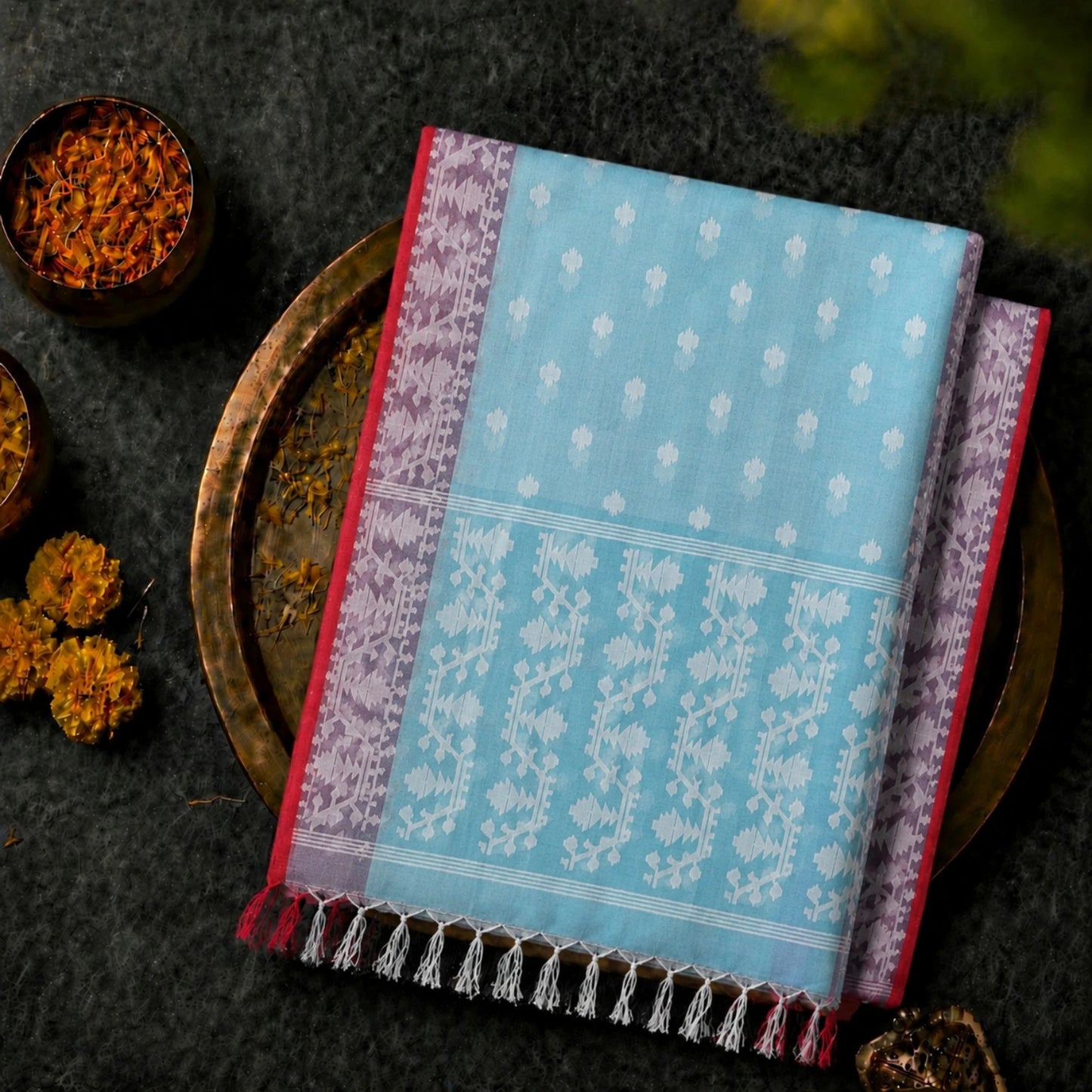 Sky Blue Muslin Jamdani Saree with White Geometric Woven Motifs & Contrast Pink Border